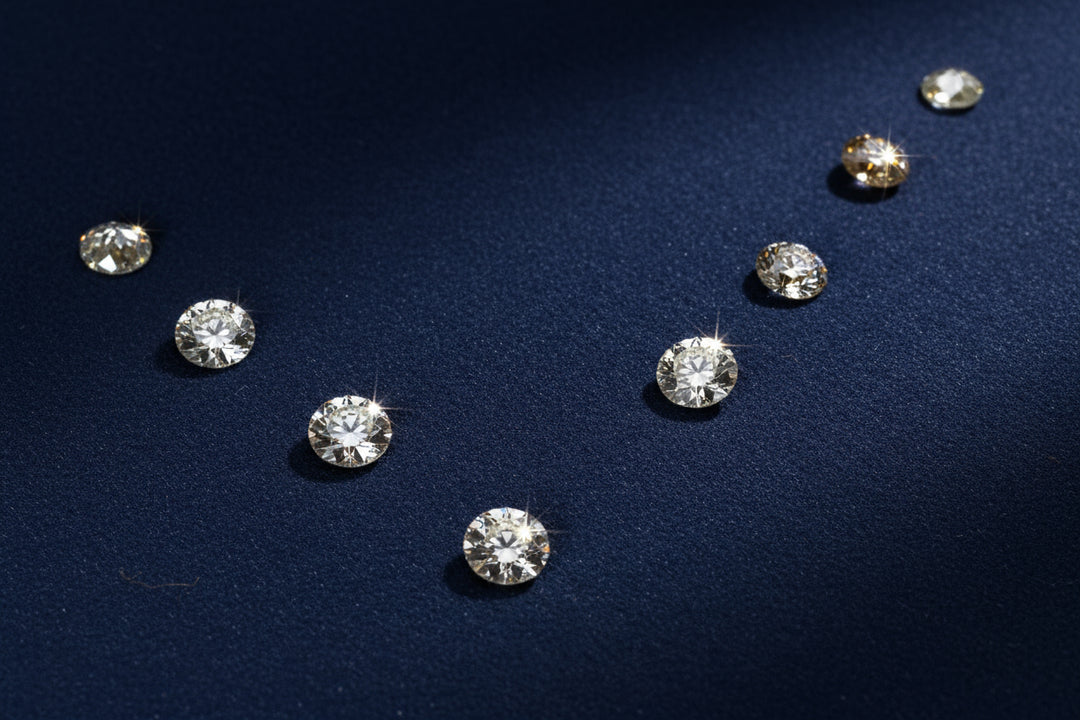 Acht lose Diamanten im Rosenschliff auf hellem Untergrund, 0,46 Karat Gesamtgewicht