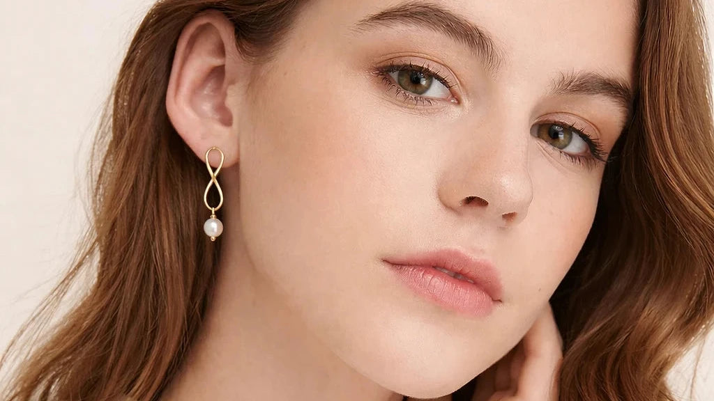 Model trägt vergoldete Infinity-Ohrringe mit Süßwasserperle