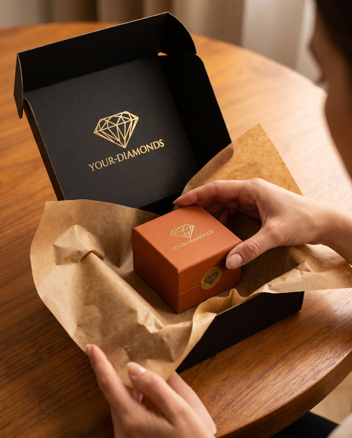 Your-Diamonds Verpackung, schwarze Box mit goldenem Logo, Pergamentpapier und Schmuckkästchen
